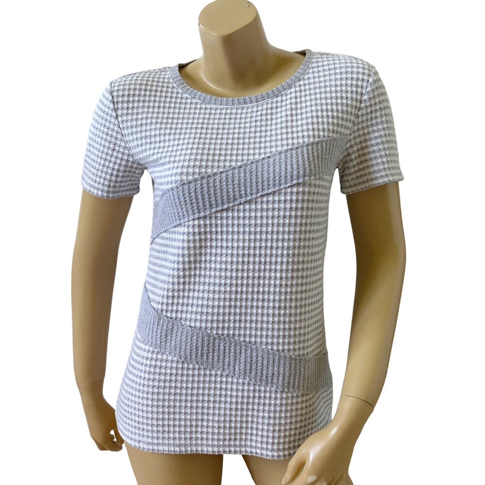 Loft Outlet Lounge Waffle Knit Top XS Gray Check Colorblock Short Sleeve Womens